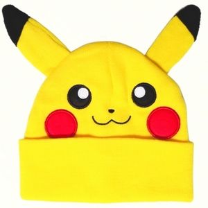 Pikachu Pokemon Yellow Beanie Skull Cap Winter Hat Embroidered Face One Size New
